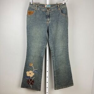 Denim Degree‎ Y2K Bootcut Jeans Juniors 7 Flower Applique Boho Hippie Vintage